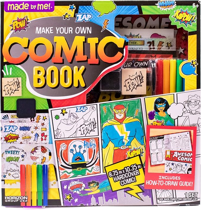 Made By Me Make Your Own Comic Book Storytelling Kit for Kids, 15-Page, Hardcover, How-to Draw Instructional Guide, Comic Inspired Stickers & Stamp, Holographic Stickers, 5 Vibrant Markers