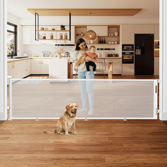 Retractable Baby Gate, Mesh Baby Extra Wide Gate to Prevent from Crawling Underneath, 34" Tall, Extends up to 140" Wide, Mesh Dog Gate for Garage, Play Area, Deck, Indoor/Outdoor