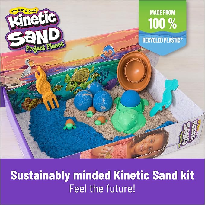 Kinetic Sand, Project Planet Turtle Beach with 14oz Play Sand, Tools & Molds, Sustainably Minded Eco Friendly Materials, Sensory Toys for Kids
