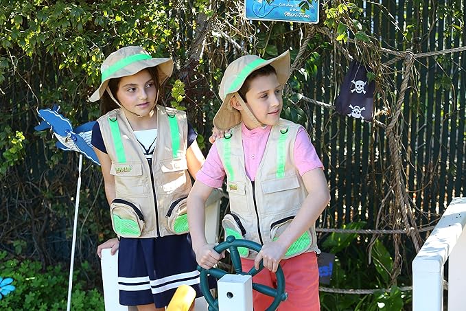 Youth M/L Combination Set Boys and Girls: 1 Tan Cargo Vest for Kids with Reflective Safety Straps & Sun Hat with Chin Strap. Color: Youth M/L Tan