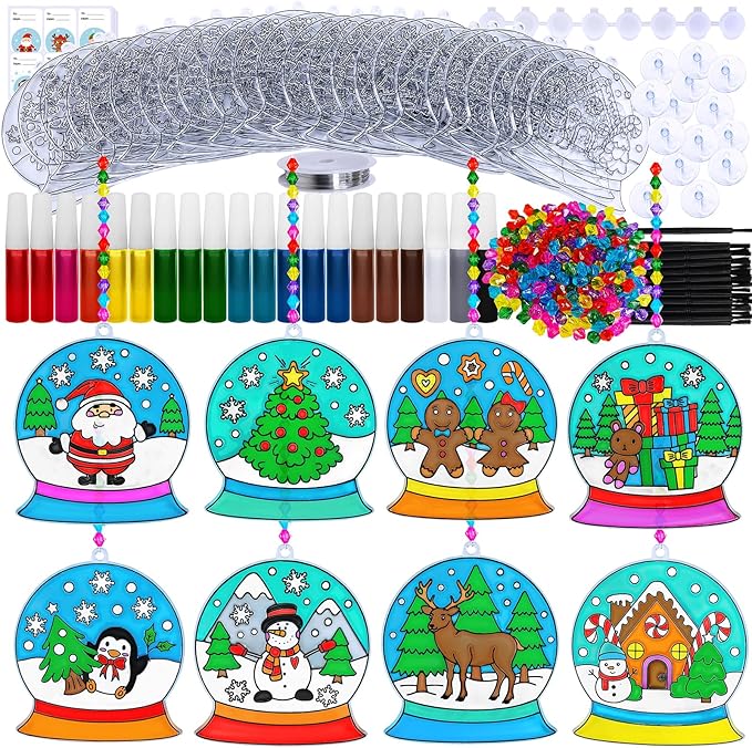 Winlyn 24 Sets Christmas Snow Globe Suncatcher Ornaments DIY Window Paint Art Suncatchers Craft Kits Winter Christmas Snow Globe Sun Catchers for Kids Holiday Classroom Party Decorations Art Project
