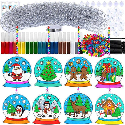 Winlyn 24 Sets Christmas Snow Globe Suncatcher Ornaments DIY Window Paint Art Suncatchers Craft Kits Winter Christmas Snow Globe Sun Catchers for Kids Holiday Classroom Party Decorations Art Project