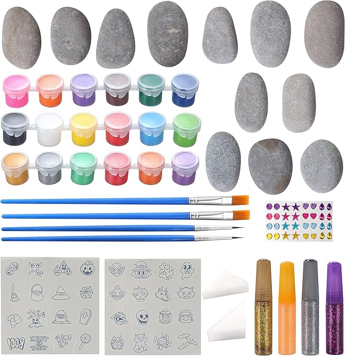 Klever Kits 12 Halloween Rock Painting Kit for Kids, Creativity Arts Crafts DIY Supplies Kit with 18 Paint Tubs, Decorate Your Own for Kids Painting Gifts, Family Activity, Birthday Present, Halloween