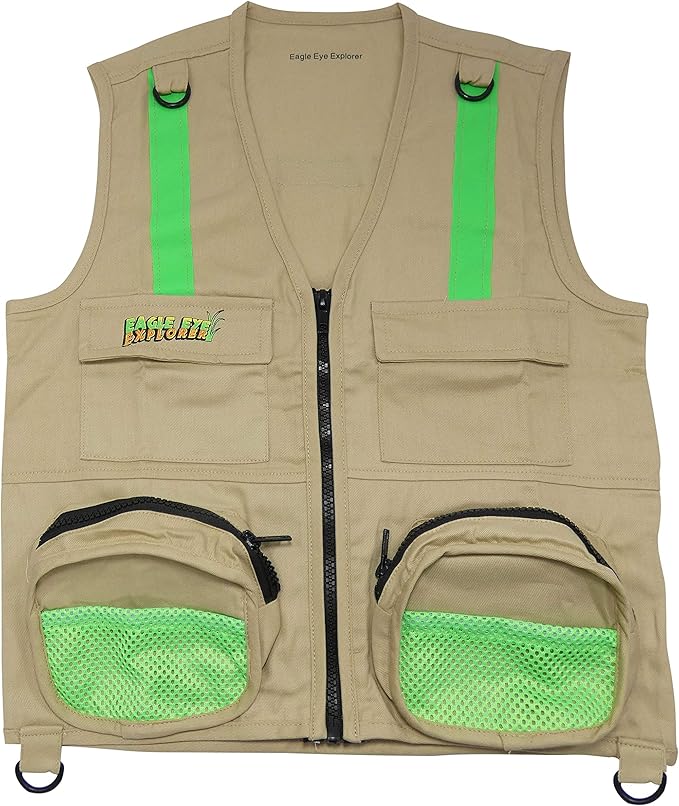 S/M Youth Vest and Hat Combination Set for Boys and Girls: 1 Tan Cargo Vest for Kids with Reflective Safety Straps & 1 Floppy Bucket Sun Hat with Chin Strap. Color: Youth Tan S/M Size 4-7