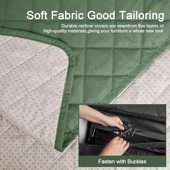 KinCam 100% Waterproof Recliner Loveseat Cover with Console, Non-Slip Reclining Couch Covers for 2 Seat, Recliner Sofa Cover Furniture Protector with Elastic Straps for Kids, Pets, Vine Green