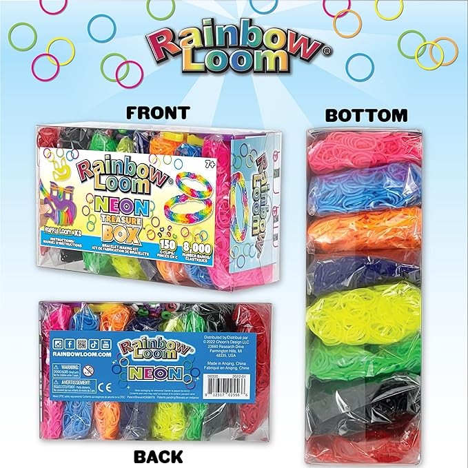 Rainbow Loom® Treasure Box NEON Edition, 8,000 Rubber Bands in 8 Different Neon Colors, and a Bonus of 2 Happy Looms, Great Activities for Boys and Girls 7+