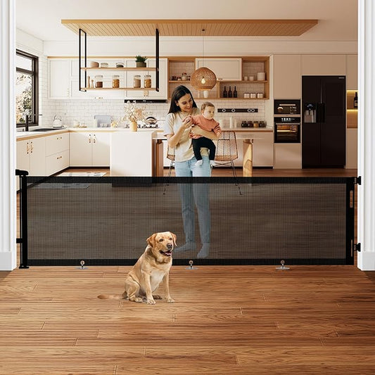 Retractable Baby Gate, Mesh Baby Extra Wide Gate to Prevent from Crawling Underneath, 34" Tall, Extends up to 140" Wide, Mesh Dog Gate for Garage, Play Area, Deck, Indoor/Outdoor