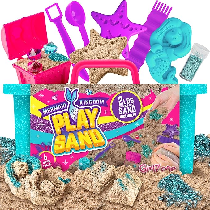 GirlZone Mermaid Sensory Sand Kit, 2lbs Moldable Play Sand for Kids Aged 3+, Magic Sand with Gems, Tools & Portable Treasure Chest, Kids Toys for Playdates, Party Games & Gifting