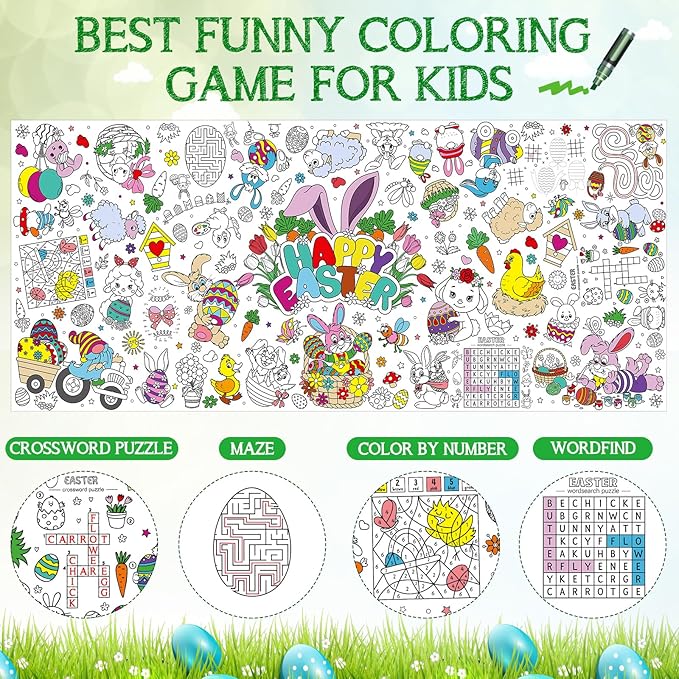 Easter Large Coloring Poster for Kids, Happy Easter Jumbo Coloring Paper Tablecloth, Bunny Eggs Color-in Craft Activities for Kids Easter School Classroom Home Party Supplies Decorations, 30 x 72 Inch