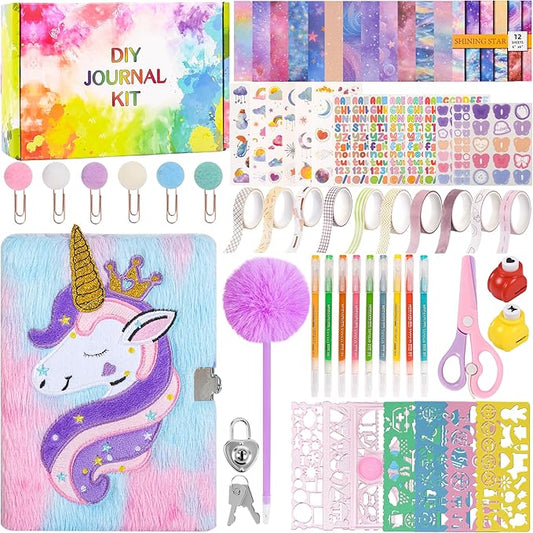 LiYiQ Plush Unicorn Diary Gift for Girls Kids Travel Journal Secret Diary with Scrapbook Paper Stickers Journal Stencils Pompom Pen and Washi Tape Practical Set Gift for Birthday Christma