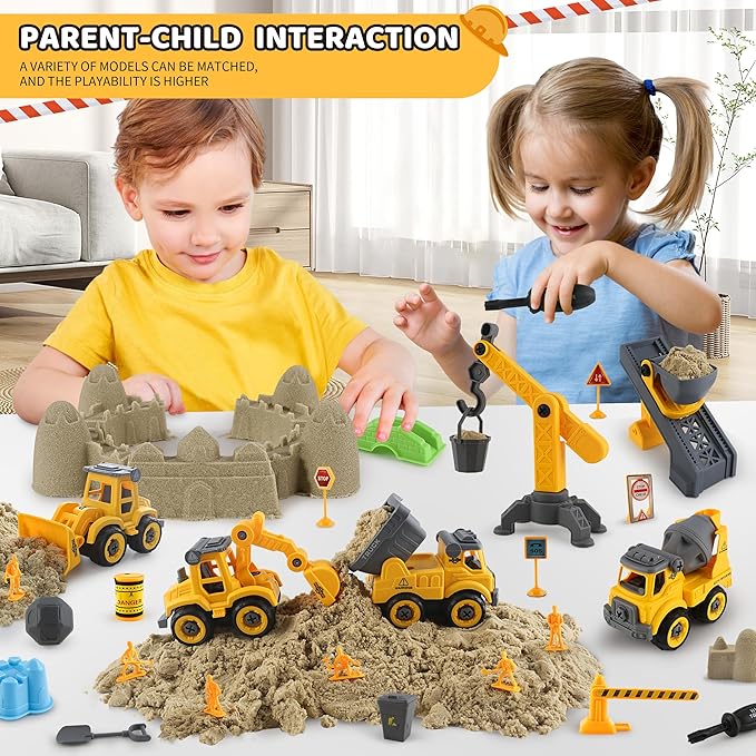 Asoxt Construction Sensory Playset - 43pcs Play Sand Art Kit- 2 lbs Sand,Sandbox,4 DIY Construction Trucks,Crane,Conveyor,8 Sand Molds,6 Figures,12 Road Signs - Ideal Toy for Boys & Girls Ages 3+