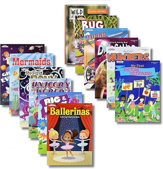 Kappa Coloring and Activity Books for Girls and Boys Numbers and Picture Dictionary Girl Power Mermaid Dinosaurs Trucks 8.5”x11” Extra Large Size for Hours of Fun, Ages 2-4, 4-8, 8-12 (Pack of 12)