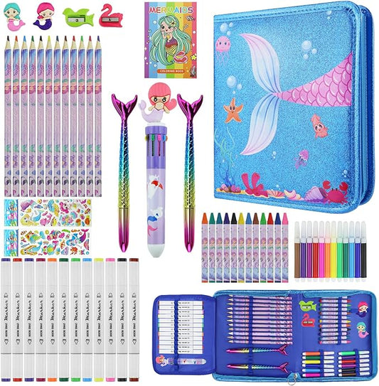 JAMIEWIN Markers Set with Glitter Mermaid Pencil Case, 59 Pcs Art and Craft Supplies Kit for Kids, Mermaid Gifts for Girls 4-9 Year Old for Christmas Birthday