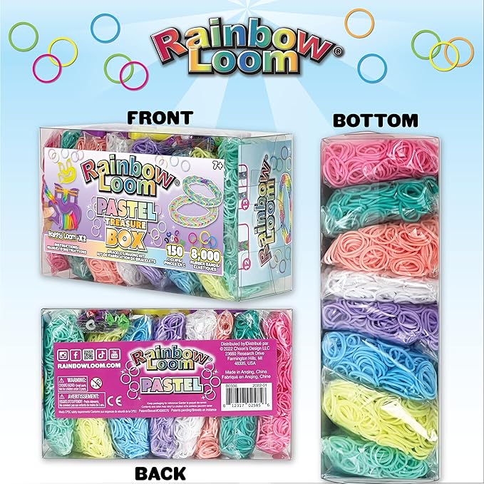 Rainbow Loom® Treasure Box Pastel Edition, 8,000 Rubber Bands in 8 Different Pastel Colors, and a Bonus of 2 Happy Looms, Great Activities for Boys and Girls 7+