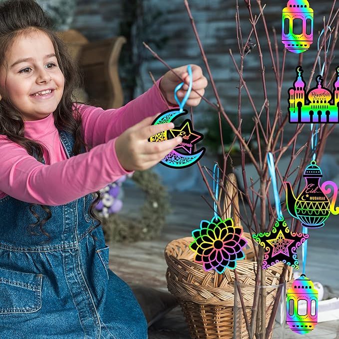 WATINC 60pcs Ramadan Scratch Paper Art Kit for Kids, Eid Mubarak Magic Color Scratch Off Cards Hanging Ornaments Craft, Al-Fitr Party Classroom Activity School DIY Drawing Project Supplies