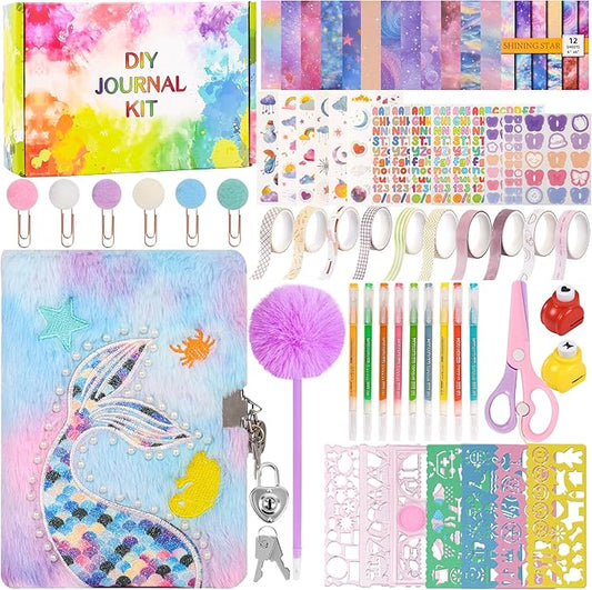 LiYiQ Plush Mermaid Diary Gift for Girls Kids Travel Journal Secret Diary with Scrapbook Paper Stickers Journal Stencils Pompom Pen and Washi Tape Practical Set Gift for Birthday Christma