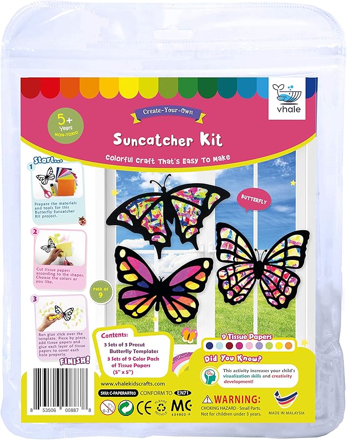 VHALE Suncatchers Craft 3 Sets (9 Cutouts) w Tissue Papers Stained Glass Effect Paper Sun Catcher Kit, Window Art, Classroom Crafts, Creative Art Projects, Kids Party Favors (Butterfly)