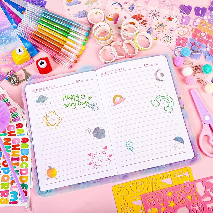 LiYiQ Plush Cat Diary Gift for Girls Kids Travel Journal Secret Diary with Scrapbook Paper Stickers Journal Stencils Pompom Pen and Washi Tape Practical Set Gift for Birthday Christma