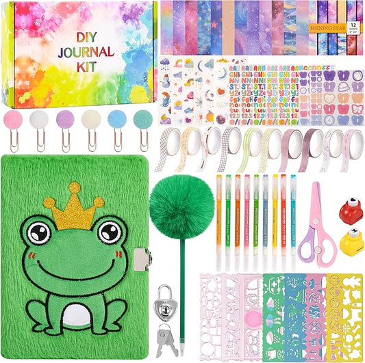 LiYiQ Plush Frog Diary Gift for Girls Kids Travel Journal Secret Diary with Scrapbook Paper Stickers Journal Stencils Pompom Pen and Washi Tape Practical Set Gift for Birthday Christma
