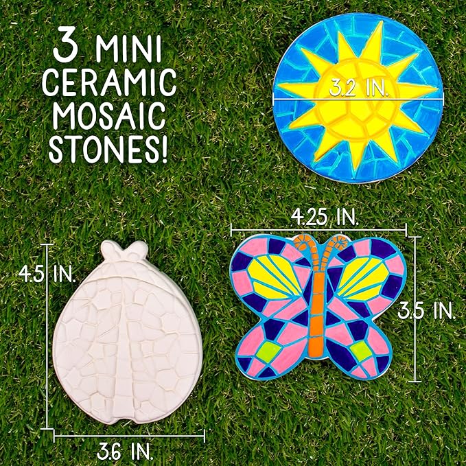 Creative Roots Mosaic Butterfly, Ladybug, & Sun Stepping Stone, Includes 3-Pack 4.5-Inch Ceramic Stepping Stone & 6 Vibrant Paints, Paint Your Own DIY Stepping Stone for Kids Ages 8+