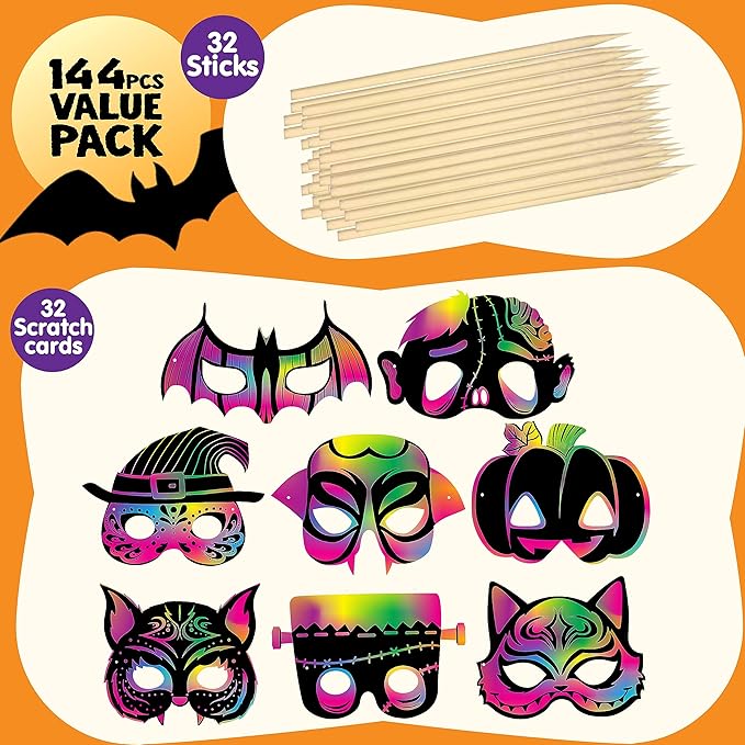 JOYIN 32 Pcs Halloween Rainbow Scratch Masks Crafts for Kids, Halloween Party Favors, Scratch Art Masks, Halloween Party Supplies, Scratch Off Paper Animal Masks Classroom Activities Gift Party Games