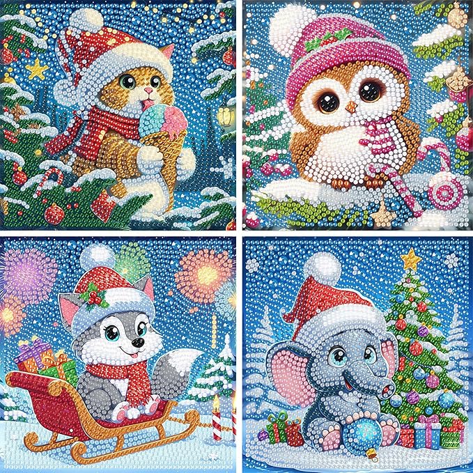 ajepon 4 Packs Christmas Diamond Art Kits for Kids Beginners-Cute Animals Diamond Painting Kits Without Frame,Cartoon Animal Diamond Painting Kits Full Drill Gem Art for Home Decor 6x6inch