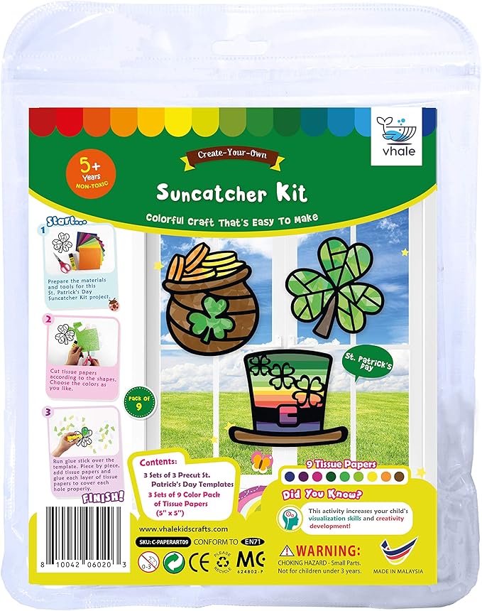 VHALE Suncatchers Craft 3 Sets (9 Cutouts) w Tissue Papers Stained Glass Effect Paper Sun Catcher Kit, Window Art, Classroom Crafts, Creative Art Projects, Kids Party Favors (St. Patrick's Day)