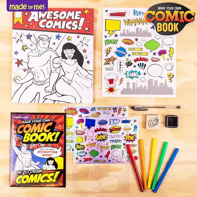 Made By Me Make Your Own Comic Book Storytelling Kit for Kids, 15-Page, Hardcover, How-to Draw Instructional Guide, Comic Inspired Stickers & Stamp, Holographic Stickers, 5 Vibrant Markers