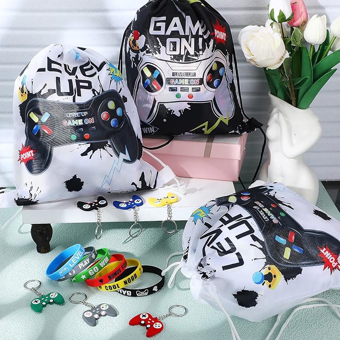 Nosiny 72PCS Video Game Party Favors Birthday Include 24 Video Game Goodie Drawstring Bags 24 Silicone Bracelet 24 Controller Keychain for Kids for Party Supplies (Black, White, Cute)