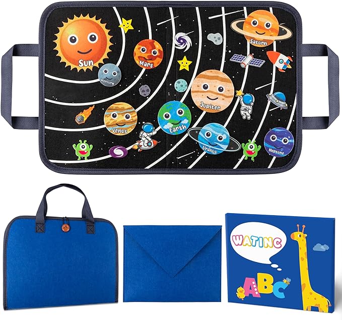 WATINC 25Pcs Outer Space Travel Felt-Board Story Set Portable Felt Board Solar System Universe Storytelling Planets Astronaut Galaxy Themed Preschool Early Learning Interactive Play Kit for Toddlers