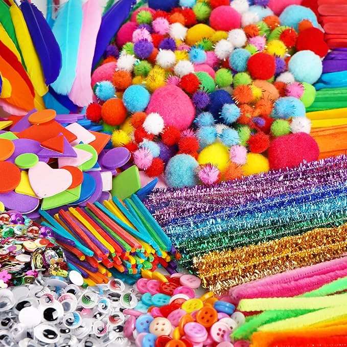 FunzBo 2000Pcs+ Arts & Crafts Supplies Kits for Kids,St Patricks Day DIY Craft Supplies for Toddlers DIY Art Supply Tools Set Include Pipe Cleaners,Pom Poms,Feather for Crafts,Crafts for kids Ages 4-8