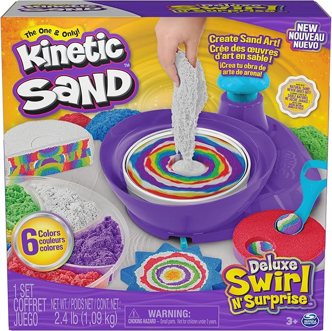 Kinetic Sand, Deluxe Swirl N’ Surprise Playset with 2.5lbs Play Sand (Red, Blue, Green, Yellow, White & Purple), 4 Tools, Sensory Toys for Kids