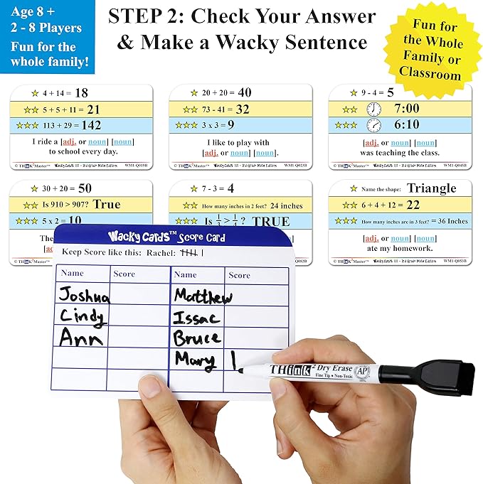 Think2Master Wacky Cards 1st - 3rd Grade. Math Card Game for Families & Classroom. Make Hilarious Sentences While Practicing Math Including Addition, Subtraction & Multiplication. +4 Dry Erase Markers