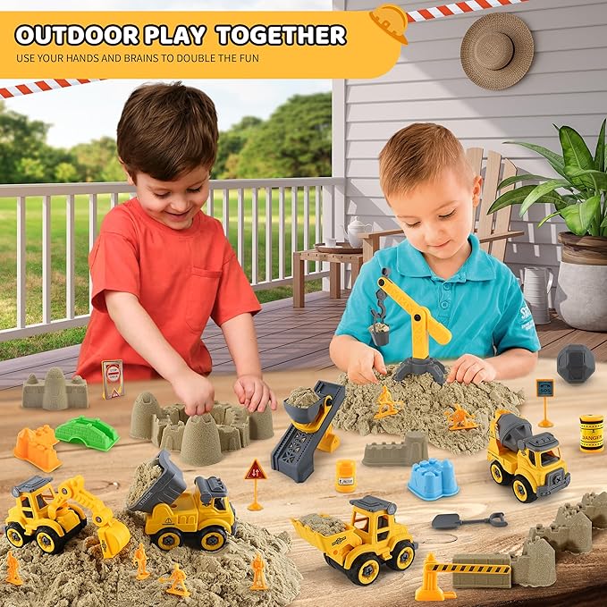 Asoxt Construction Sensory Playset - 43pcs Play Sand Art Kit- 2 lbs Sand,Sandbox,4 DIY Construction Trucks,Crane,Conveyor,8 Sand Molds,6 Figures,12 Road Signs - Ideal Toy for Boys & Girls Ages 3+