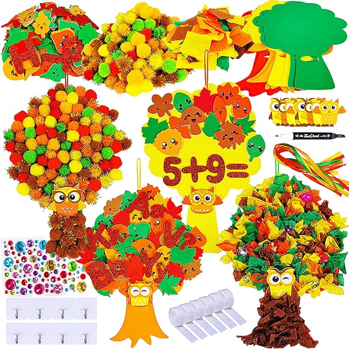 Winlyn 8 Sets Fall Crafts Kits Kids Fall Crafts Bulk Thanksgiving Crafts DIY Thankful Tree Art Sets Autumn Leaf Foam Stickers Pom-Poms Arts and Crafts for Kids Holiday School Classroom Activities