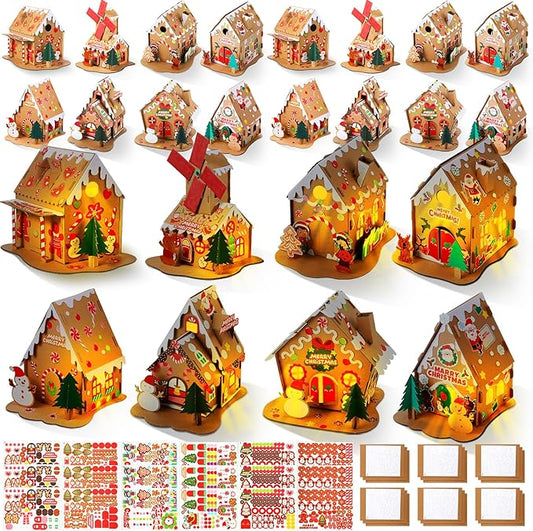 Yunsailing 24 Set Christmas Craft Kit Christmas Gingerbread House Kit Xmas Craft House Make a Gingerbread House Craft 3D Christmas Crafts for Boy Girl Xmas Party Game Craft Supplies