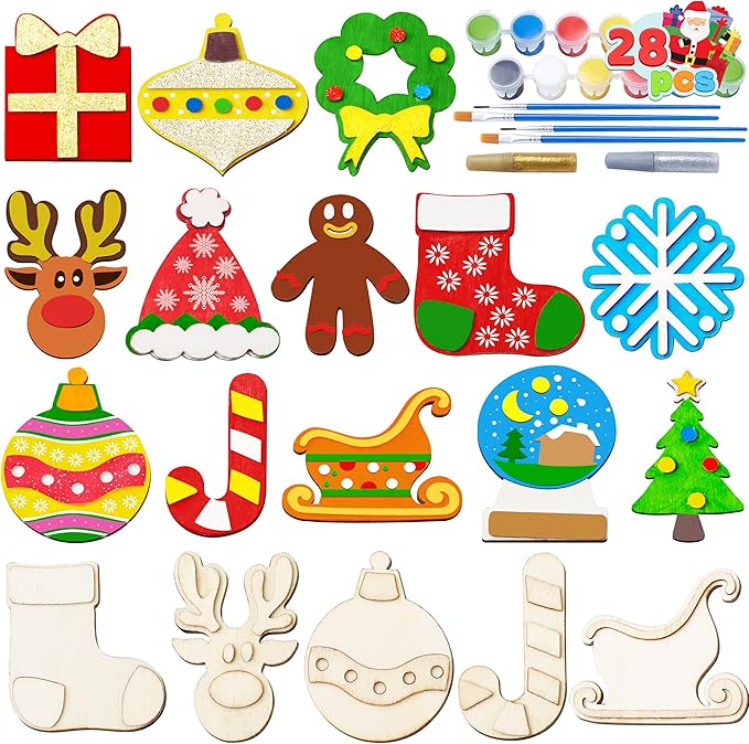 JOYIN 14 Christmas Wooden Magnet Creativity Arts & Crafts Painting Kit Decorate Your Own for Kids Paint Gift, Birthday Parties and Family Crafts, Holiday Stuffers(Age 8+)