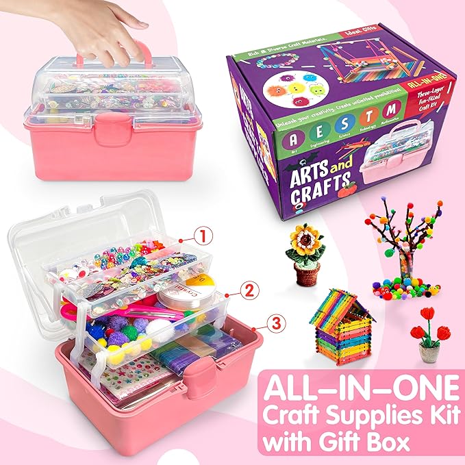 LINAYE 2500+PCS Arts and Crafts Supplies for Kids, DIY Craft Supplies Kit Box for Ages 6-8, Arts and Crafts Kit for Kids, Crafting Supply Set for Girls Boys Birthday Christmas Gifts, Deep Pink