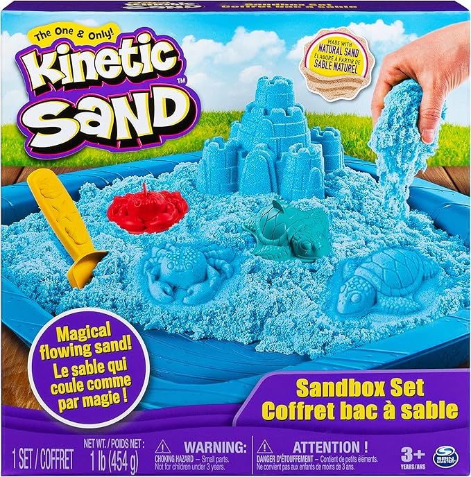 Kinetic Sand, Sandbox Set Kids Toy with 1lb All-Natural Blue and 3 Molds, Sensory Toys for Kids Ages 3 and Up
