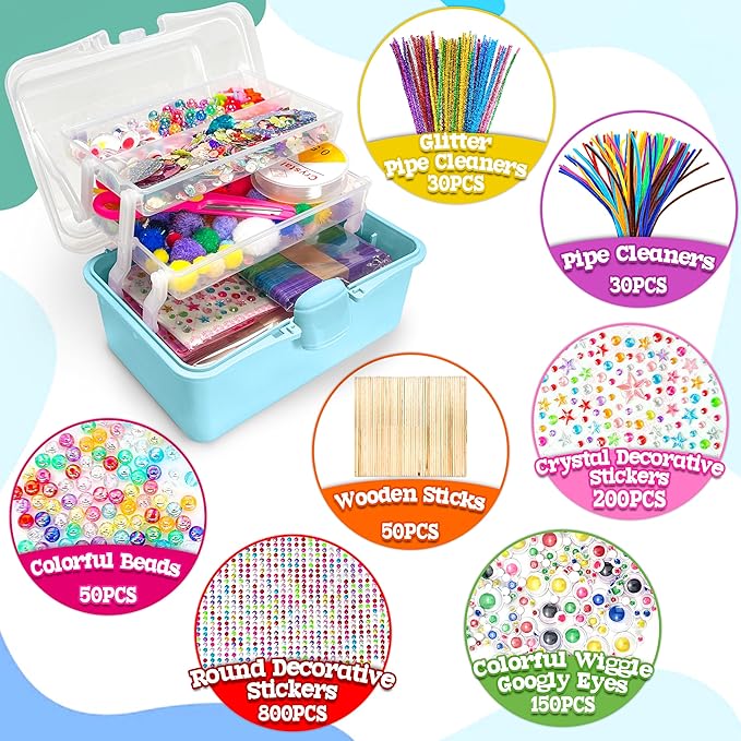 LINAYE 2500+PCS Arts and Crafts Supplies for Kids, DIY Craft Supplies Kit Box for Ages 6-8, Arts and Crafts Kit for Kids, Crafting Supply Set for Girls Boys Birthday Christmas Gifts, Light Blue