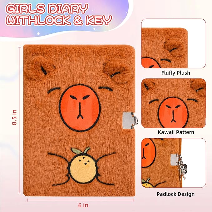 LiYiQ Plush Capybara Diary Gift for Girls Kids Travel Journal Secret Diary with Scrapbook Paper Stickers Journal Stencils Pompom Pen and Washi Tape Practical Set Gift for Birthday Christma