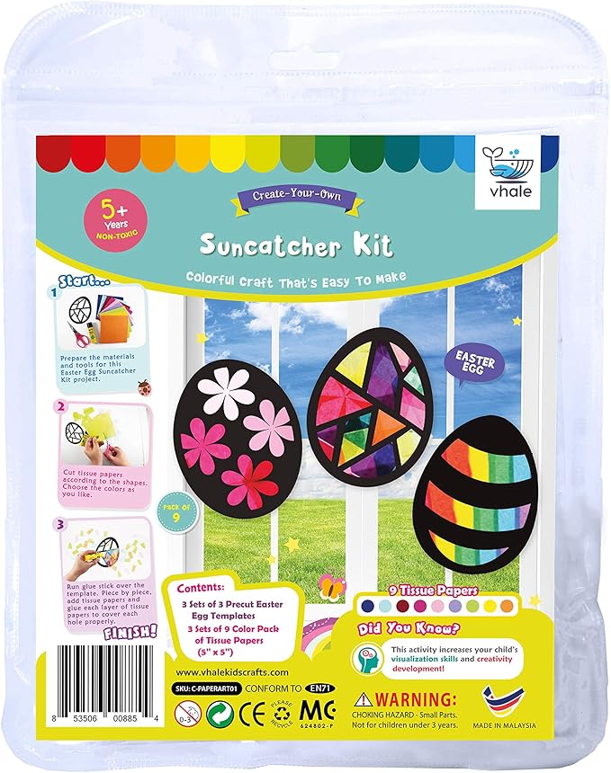 VHALE Suncatchers Craft 3 Sets (9 Cutouts) w Tissue Papers Stained Glass Effect Paper Sun Catcher Kit, Window Art, Classroom Crafts, Creative Art Projects, Kids Party Favors (Easter Egg)
