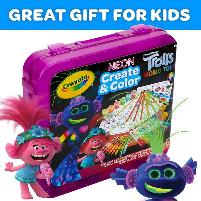 Crayola Trolls World Tour, Neon Create & Color Art Set, Over 70 Art Supplies, Gift for Kids, 5, 6, 7, 8