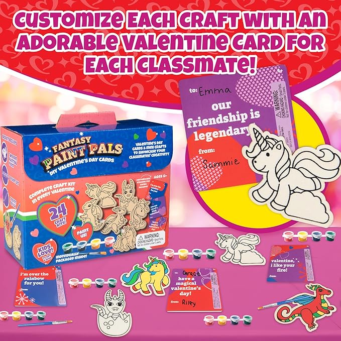 Set of 24 Valentines Cards for Kids Classroom - Valentine's Day Unicorn &Dragon Wood Painting Kits for Kids School -Each Valentines Gift Has Complete Craft Kit & Card for Boys Girls Classroom Exchange
