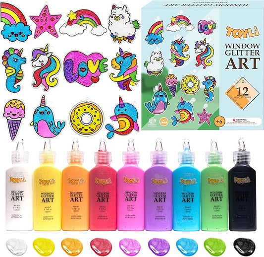 TOYLI Window Glitter Painting Kids Arts and Crafts Creative Set, 26 Suncatchers Kit,Gifts for Boys,Girls Ages 5,6,7,8,9,10 DIY, Great Home Birthday Party Idea, Your Own Fun Painting Activity NON Toxic