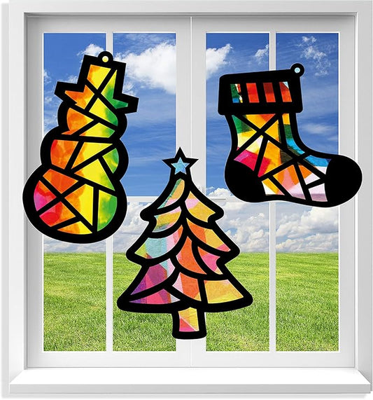 VHALE Suncatchers Craft 3 Sets (9 Cutouts) w Tissue Papers Stained Glass Effect Paper Sun Catcher Kit, Window Art, Classroom Crafts, Creative Art Projects, Kids Party Favors (Christmas)