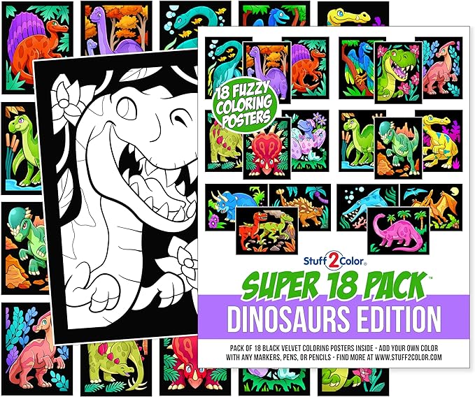 Super Pack of 18 Fuzzy Velvet Coloring Posters (Dinosaurs Edition) - Arts & Crafts for Boys and Girls - Great for After School, Travel, Quiet Time, Group Activities, and Coloring with Friends