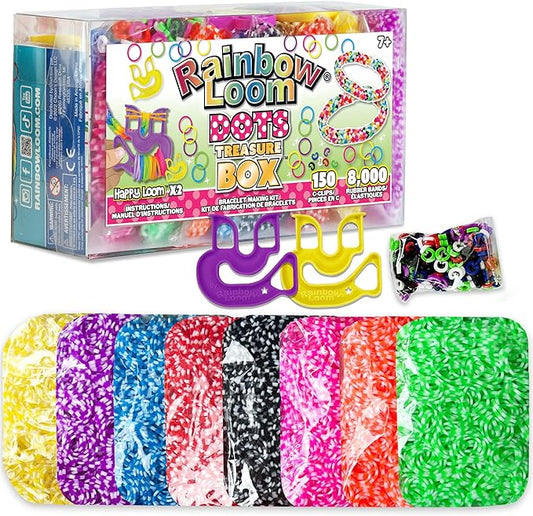 Rainbow Loom® Treasure Box DOTS Edition, 8,000 Rubber Bands in 8 Different Polka Dots Colors, and a Bonus of 2 Happy Looms, Great Activities for Boys and Girls 7+