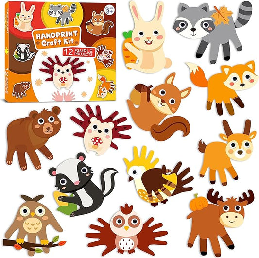 WATINC 12Pcs Woodland Animal Handprint Art Craft, Rabbit Hedgehog Owl Easy DIY Kit, Forest Animals Themed Arts Supplies Preschool Classroom Hand Print Activity Party Favors