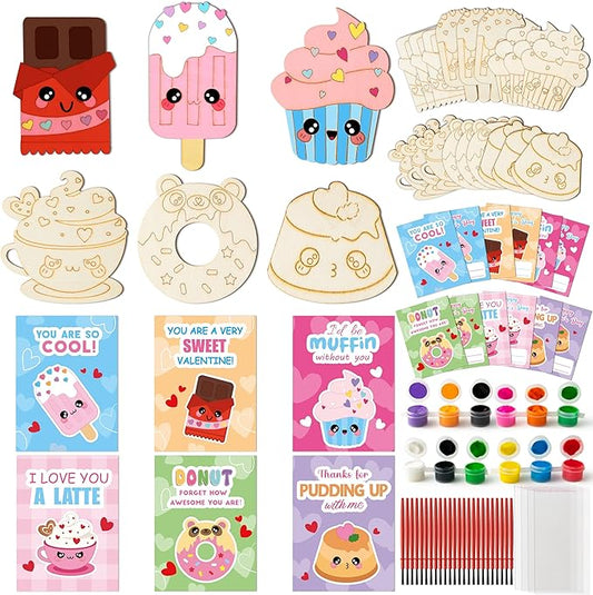 CJiangpo 24 Pack Valentine’s Day Dessert Wood Painting Craft Kits, Valentines Cards with Watercolor Paint Bulk for Boys Girls, Color Your Own Wooden Craft Kids Classroom Exchange Gift Party Favors